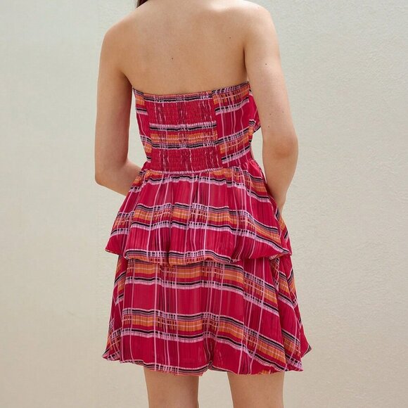 Red Boho Women's Plaid Bow Decor Tube Puffball Dress - Picture 2 of 7